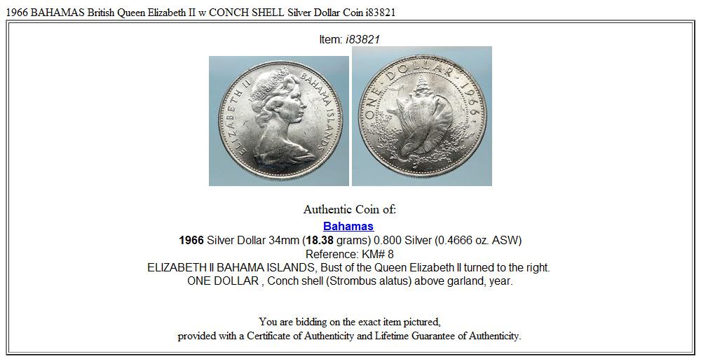 1966 BAHAMAS British Queen Elizabeth II w CONCH SHELL Silver Dollar Coin i83821