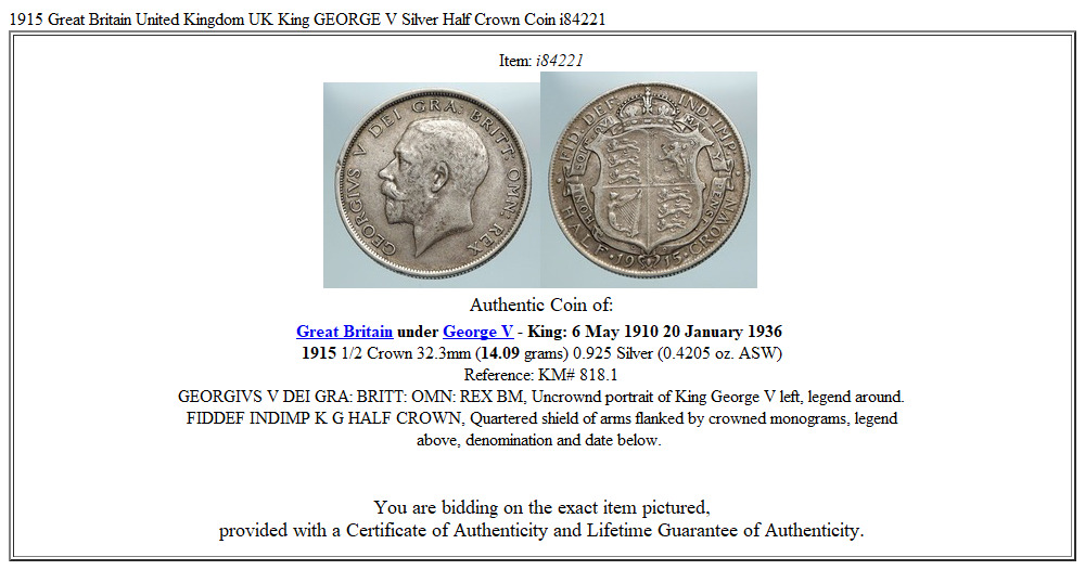 1915 Great Britain United Kingdom UK King GEORGE V Silver Half Crown Coin i84221