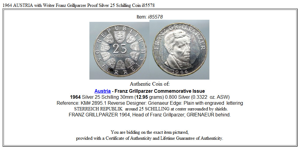 1964 AUSTRIA with Writer Franz Grillparzer OLD Silver 25 Schilling Coin i85578