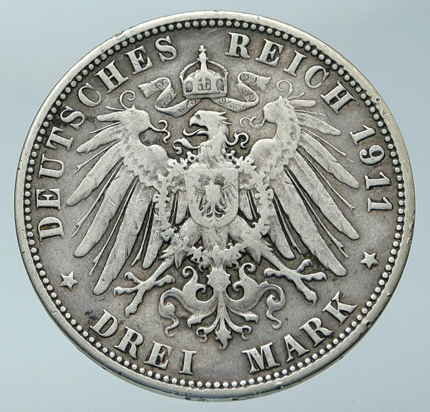 1911 GERMANY Bavaria Otto I w PRINCE LUITPOLD Antique Silver 3 Marks Coin i85910