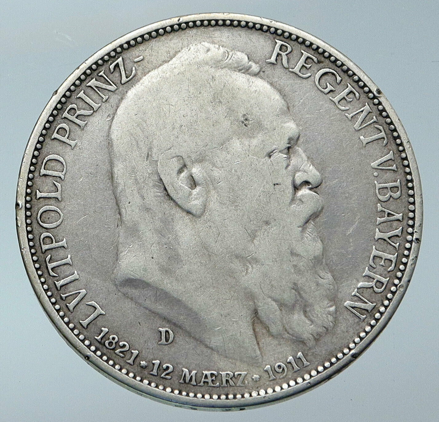 1911 GERMANY Bavaria Otto I w PRINCE LUITPOLD Antique Silver 3 Marks Coin i85910