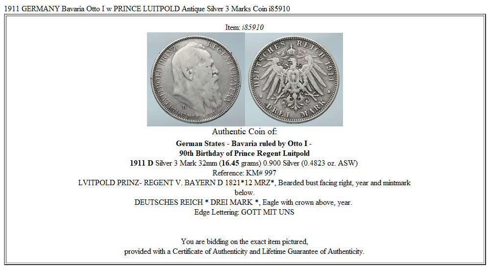 1911 GERMANY Bavaria Otto I w PRINCE LUITPOLD Antique Silver 3 Marks Coin i85910