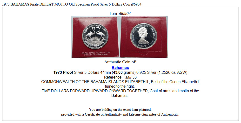 1973 BAHAMAS Pirate DEFEAT MOTTO Old Specimen Proof Silver 5 Dollars Coin i86904