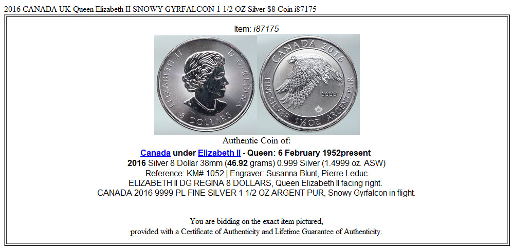 2016 CANADA UK Queen Elizabeth II SNOWY GYRFALCON 1 1/2 OZ Silver $8 Coin i87175