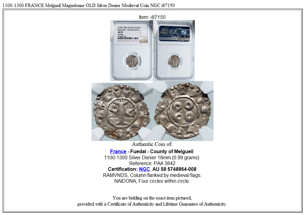 1100-1300 FRANCE Melgueil Maguelonne OLD Silver Denier Medieval Coin NGC i87150