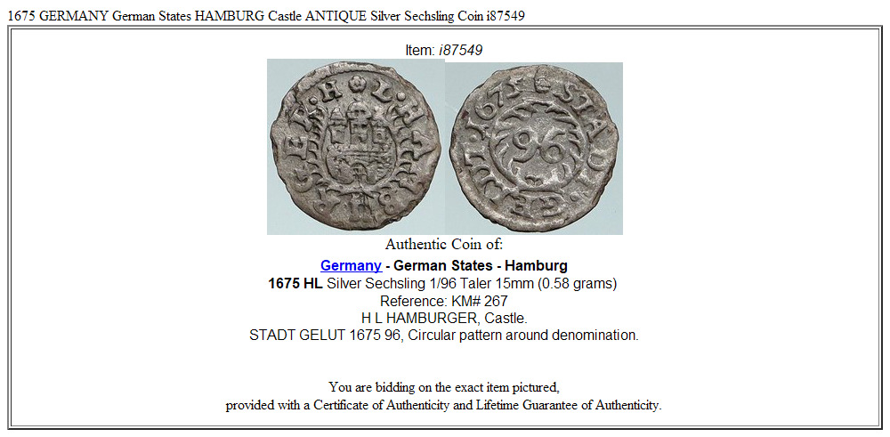 1675 GERMANY German States HAMBURG Castle ANTIQUE Silver Sechsling Coin i87549