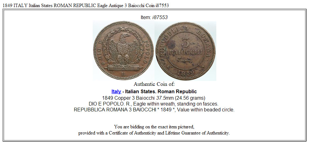 1849 ITALY Italian States ROMAN REPUBLIC Eagle Antique 3 Baiocchi Coin i87553