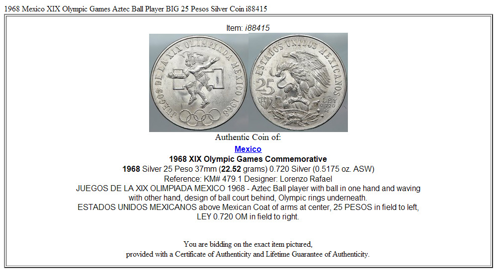 1968 Mexico XIX Olympic Games Aztec Ball Player BIG 25 Pesos Silver Coin i88415