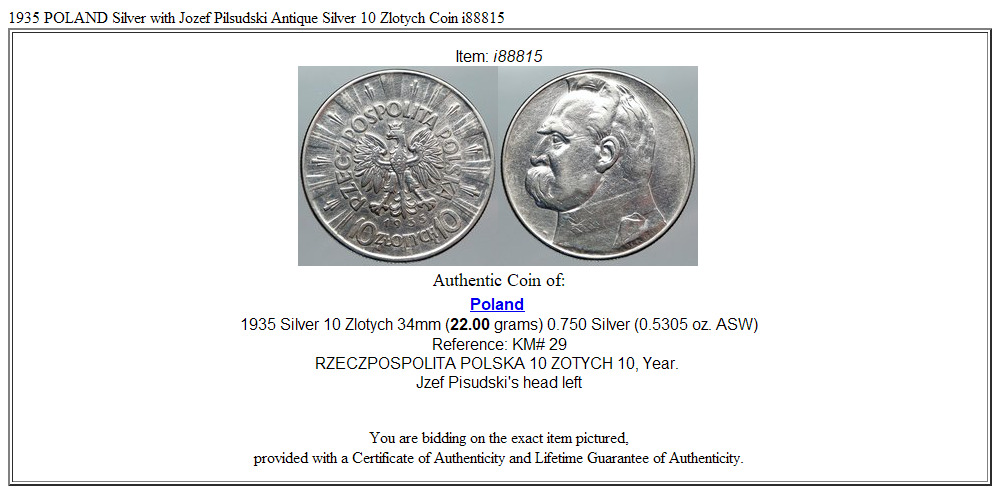 1935 POLAND Silver with Jozef Pilsudski Antique Silver 10 Zlotych Coin i88815