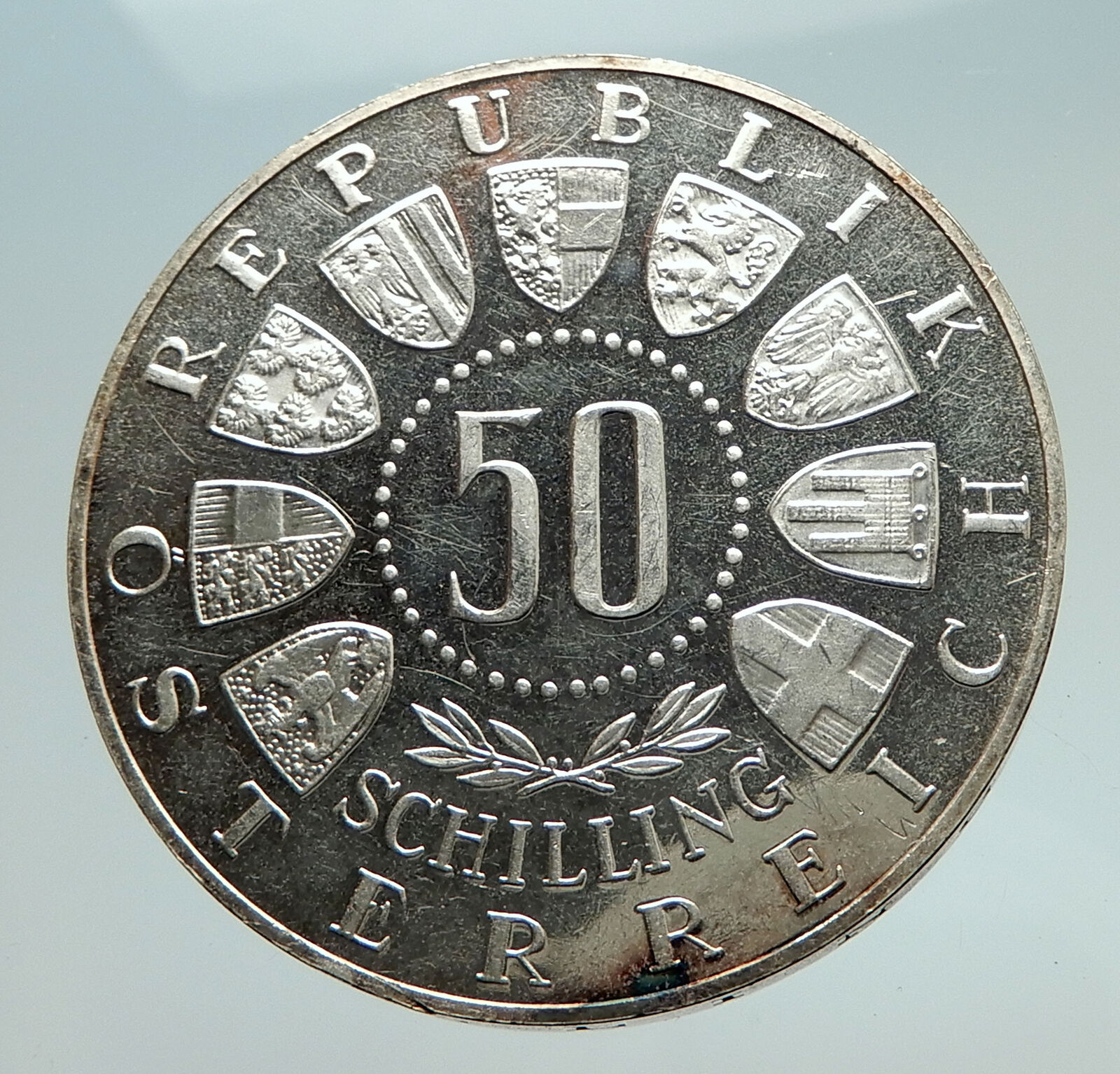 1964 AUSTRIA Innsbruck Winter Olympic Games SKIING Silver Proof 50 S Coin i74740