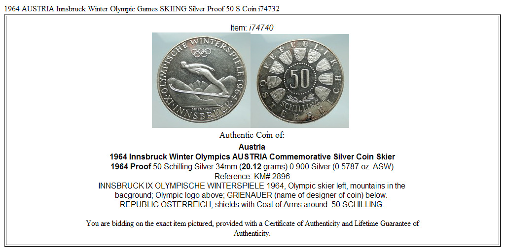 1964 AUSTRIA Innsbruck Winter Olympic Games SKIING Silver Proof 50 S Coin i74740