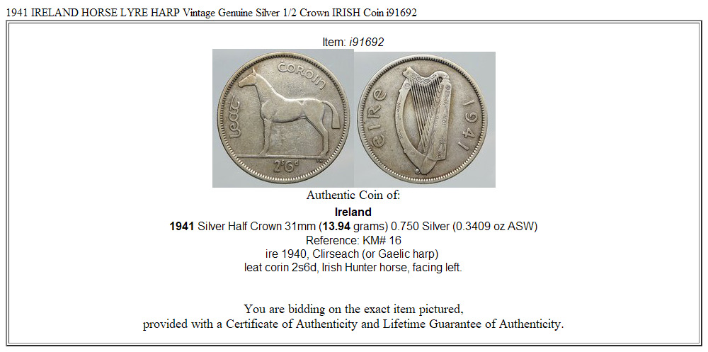 1941 IRELAND HORSE LYRE HARP Vintage Genuine Silver 1/2 Crown IRISH Coin i91692