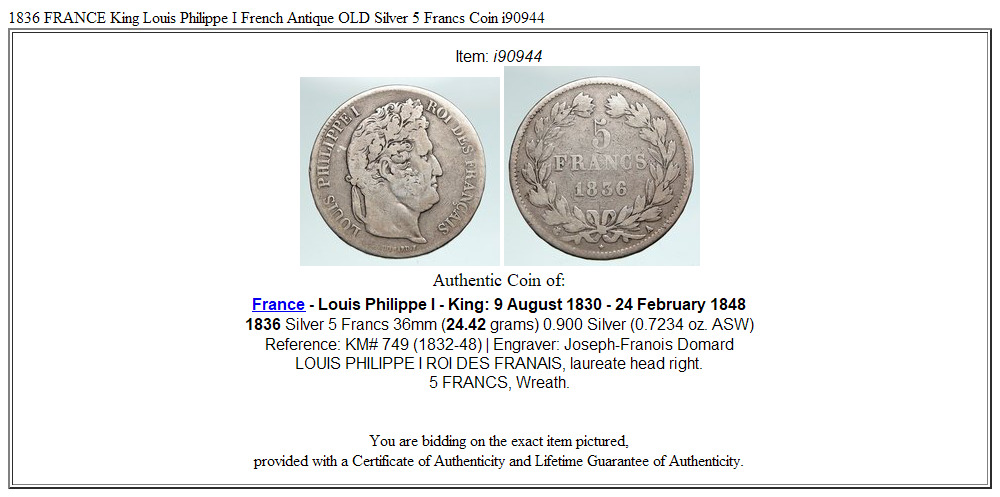 1836 FRANCE King Louis Philippe I French Antique OLD Silver 5 Francs Coin i90944