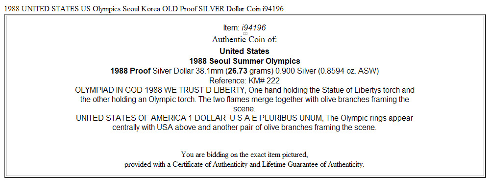 1988 UNITED STATES US Olympics Seoul Korea OLD Proof SILVER Dollar Coin i94196