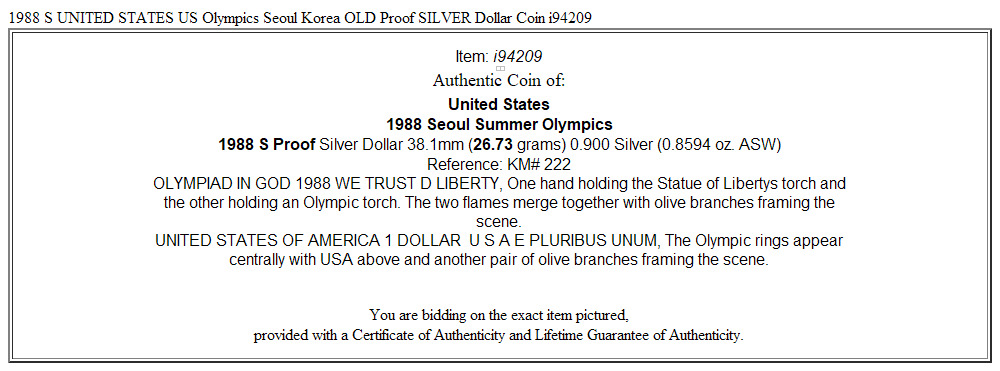 1988 S UNITED STATES US Olympics Seoul Korea OLD Proof SILVER Dollar Coin i94209