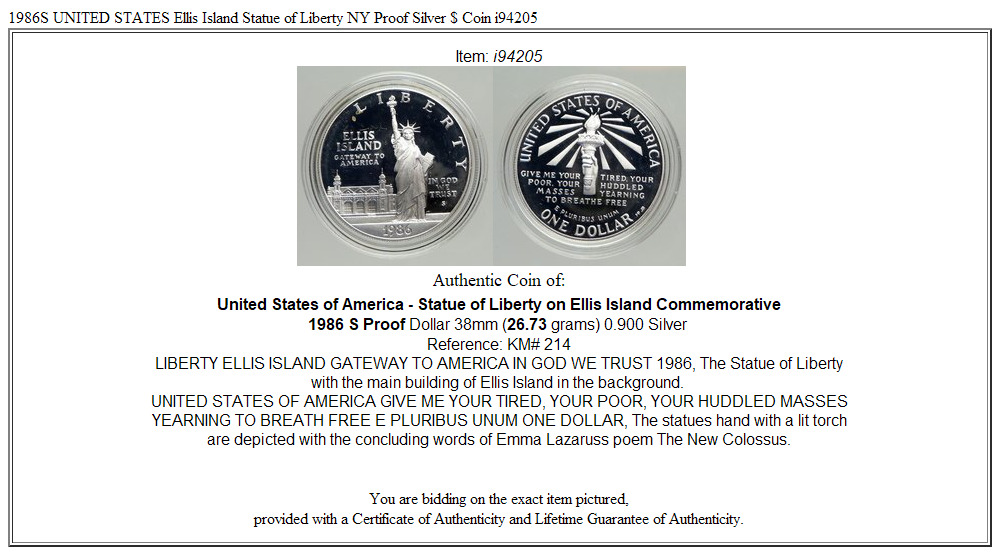 1986S UNITED STATES Ellis Island Statue of Liberty NY Proof Silver $ Coin i94205