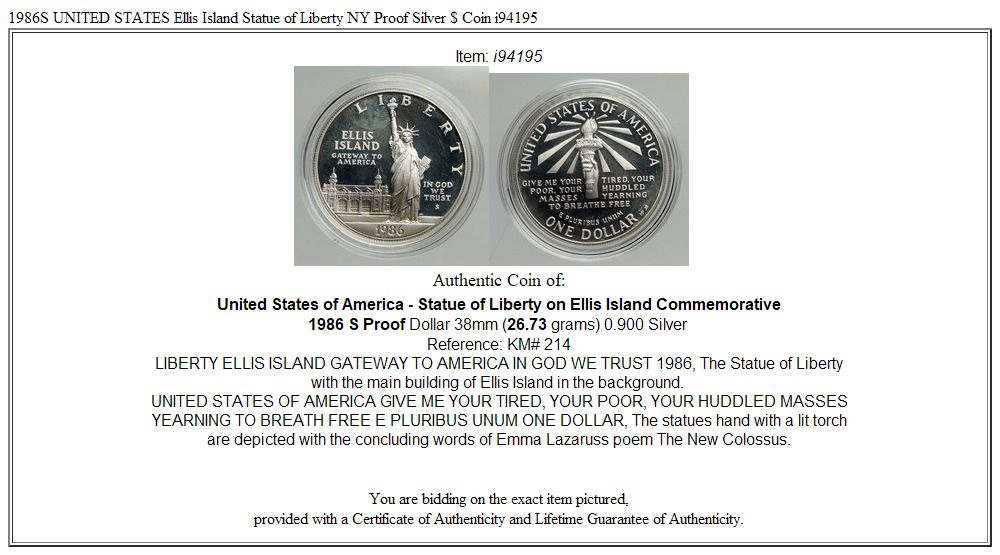 1986S UNITED STATES Ellis Island Statue of Liberty NY Proof Silver $ Coin i94195