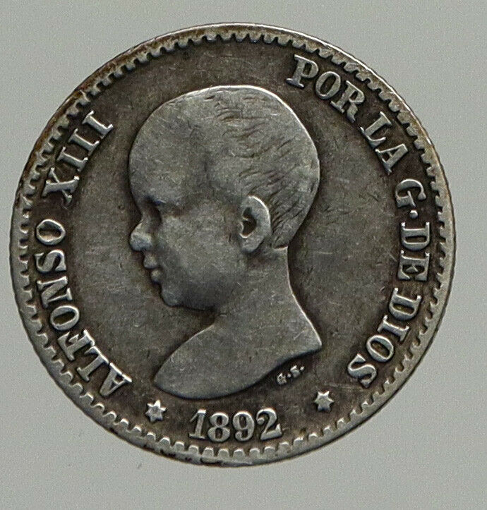 1892 SPAIN Spanish King ALFONSO XIII Antique VINTAGE Silver 50 Cents Coin i94227