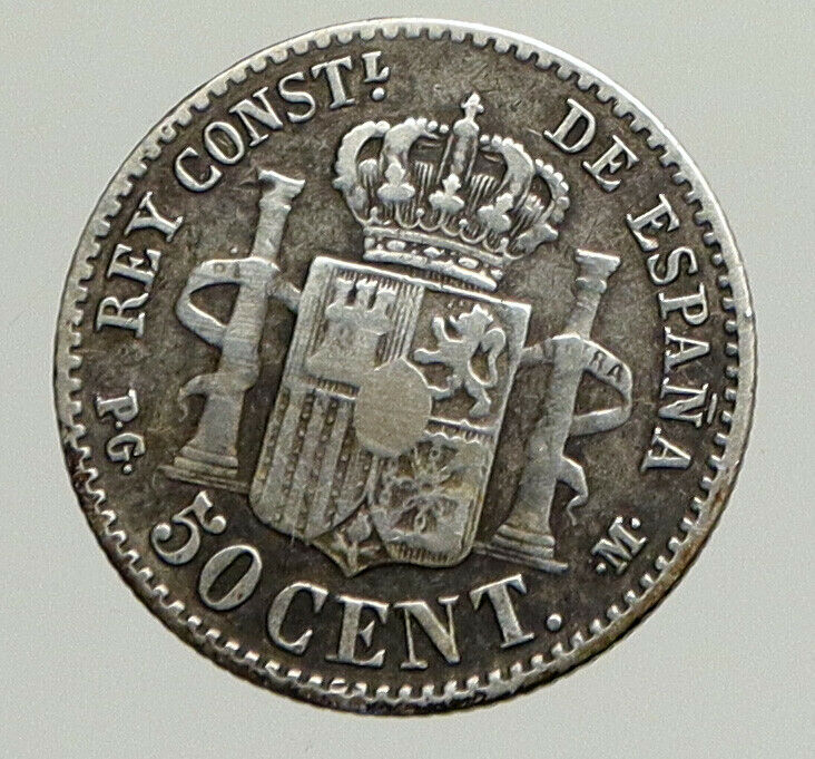 1892 SPAIN Spanish King ALFONSO XIII Antique VINTAGE Silver 50 Cents Coin i94227