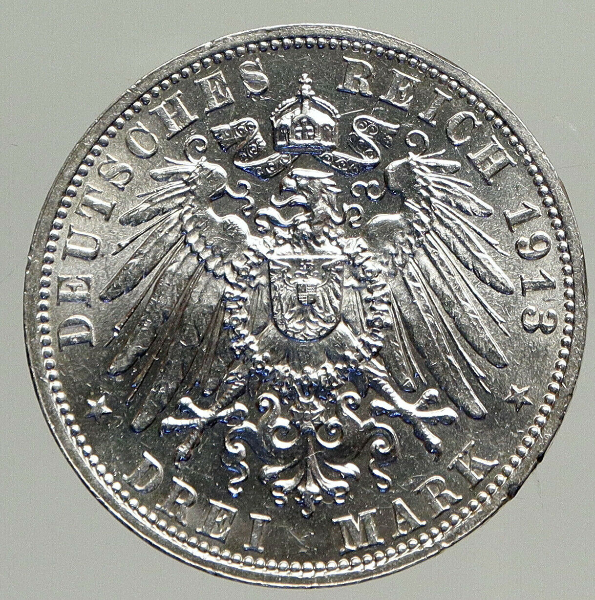 1913 E German States SAXONY Napoleon Monument Antique Silver 3 Mark Coin i94245