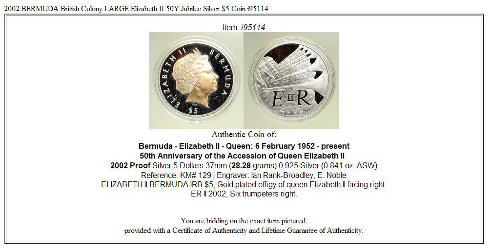 2002 BERMUDA British Colony LARGE Elizabeth II 50Y Jubilee Silver $5 Coin i95114