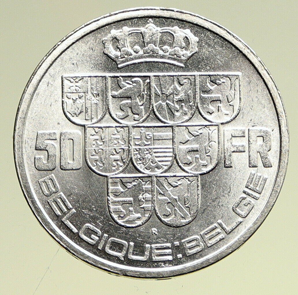 1939 BELGIUM King Leopold III w 9 Shields Genuine Silver 50 Francs Coin i95122