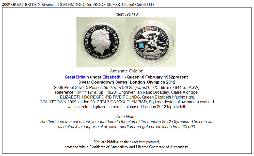 2009 GREAT BRITAIN Elizabeth II SWIMMING Color PROOF SILVER 5 Pound Coin i95118