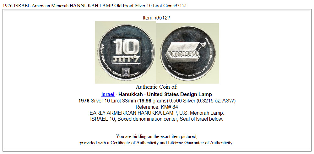 1976 ISRAEL American Menorah HANNUKAH LAMP Old Proof Silver 10 Lirot Coin i95121