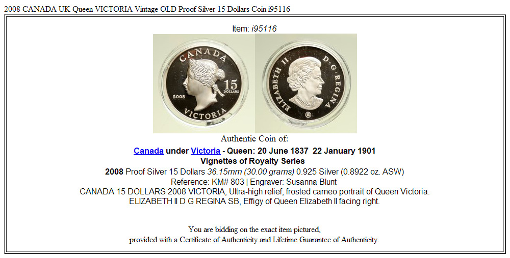 2008 CANADA UK Queen VICTORIA Vintage OLD Proof Silver 15 Dollars Coin i95116