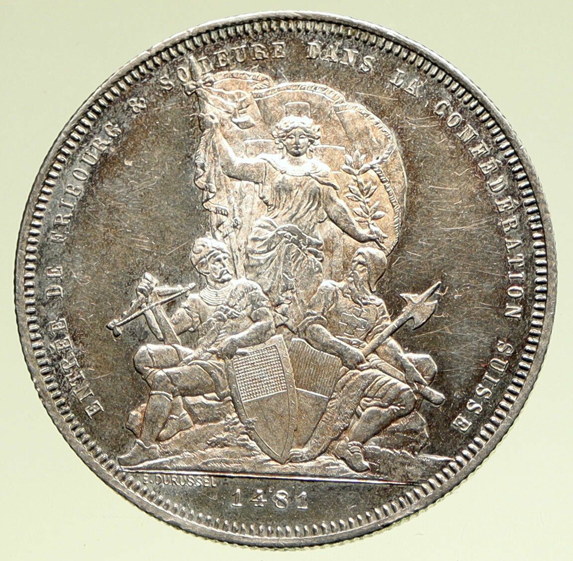 1881 SWITZERLAND Swiss SHOOTING FESTIVAL Fribourg ANTIQUE Silver 5 F Coin i95155