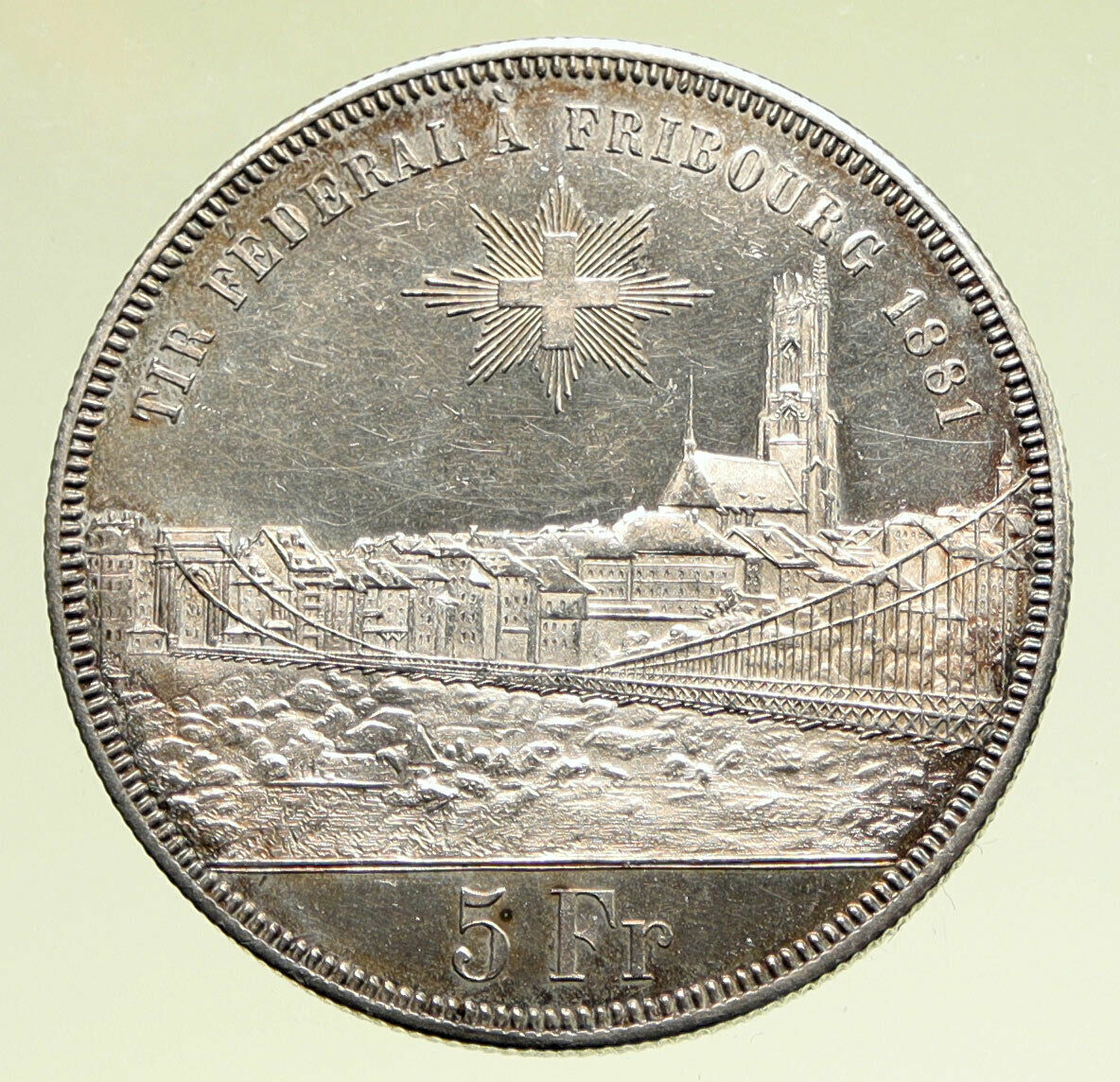 1881 SWITZERLAND Swiss SHOOTING FESTIVAL Fribourg ANTIQUE Silver 5 F Coin i95155