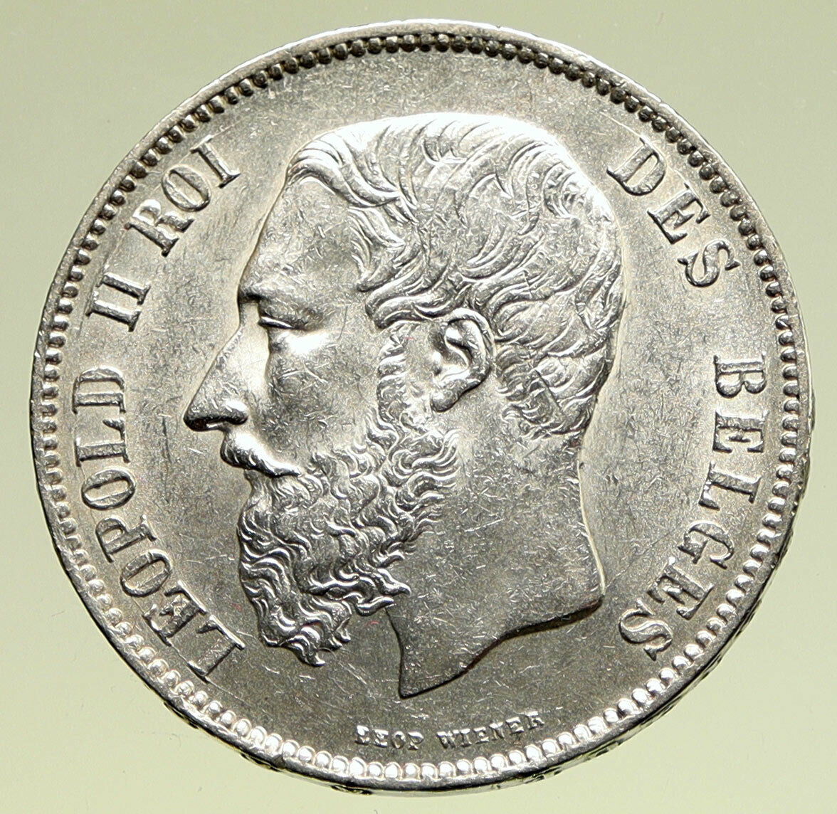 1871 BELGIUM with King LEOPOLD II and LION Vintage Silver 5 Francs Coin i95173