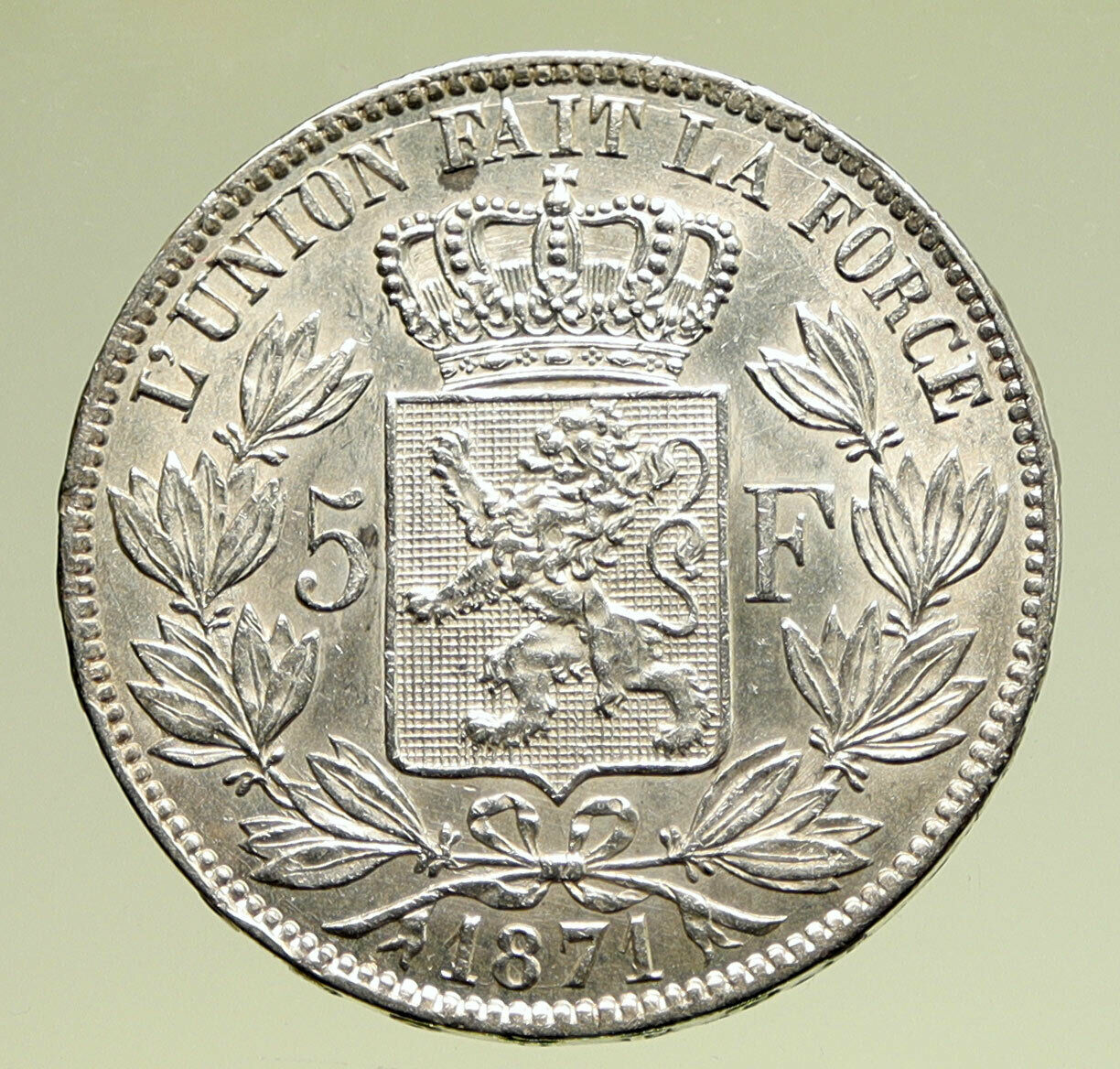 1871 BELGIUM with King LEOPOLD II and LION Vintage Silver 5 Francs Coin i95173