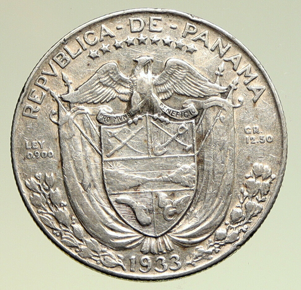 1933 PANAMA Spanish Conquistador Hero ANTIQUE Silver 1/2 HALF BALBOA Coin i95029