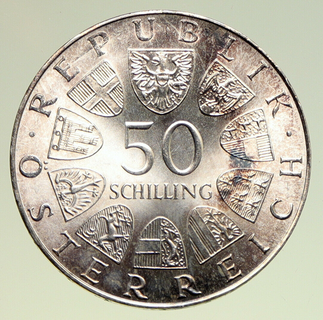 1973 AUSTRIA Bummerlhaus Architecture Silver 50 Shillings Austrian Coin i95024