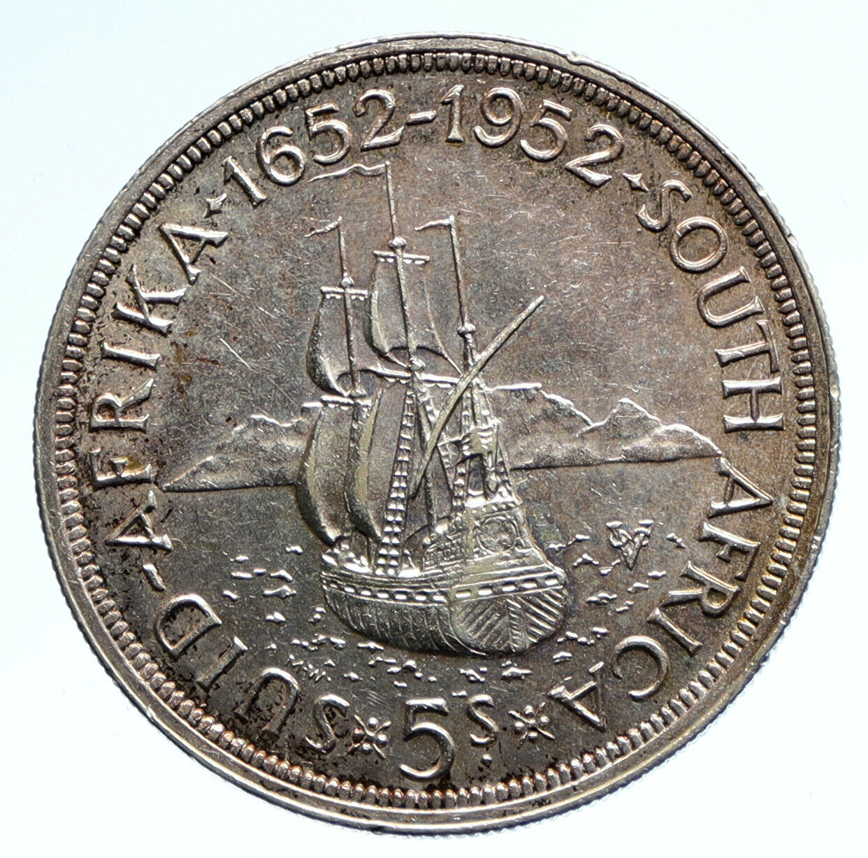 1952 SOUTH AFRICA 300th Cape Town Riebeeck w SHIP Silver 5 Shillings Coin i95707