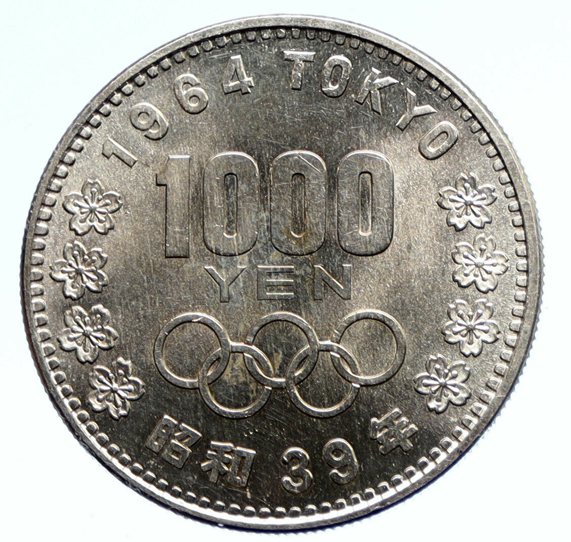 1964 JAPAN Tokyo Summer Olympic Games CHERRY MT FUJI Silver 1000Y Coin i95704