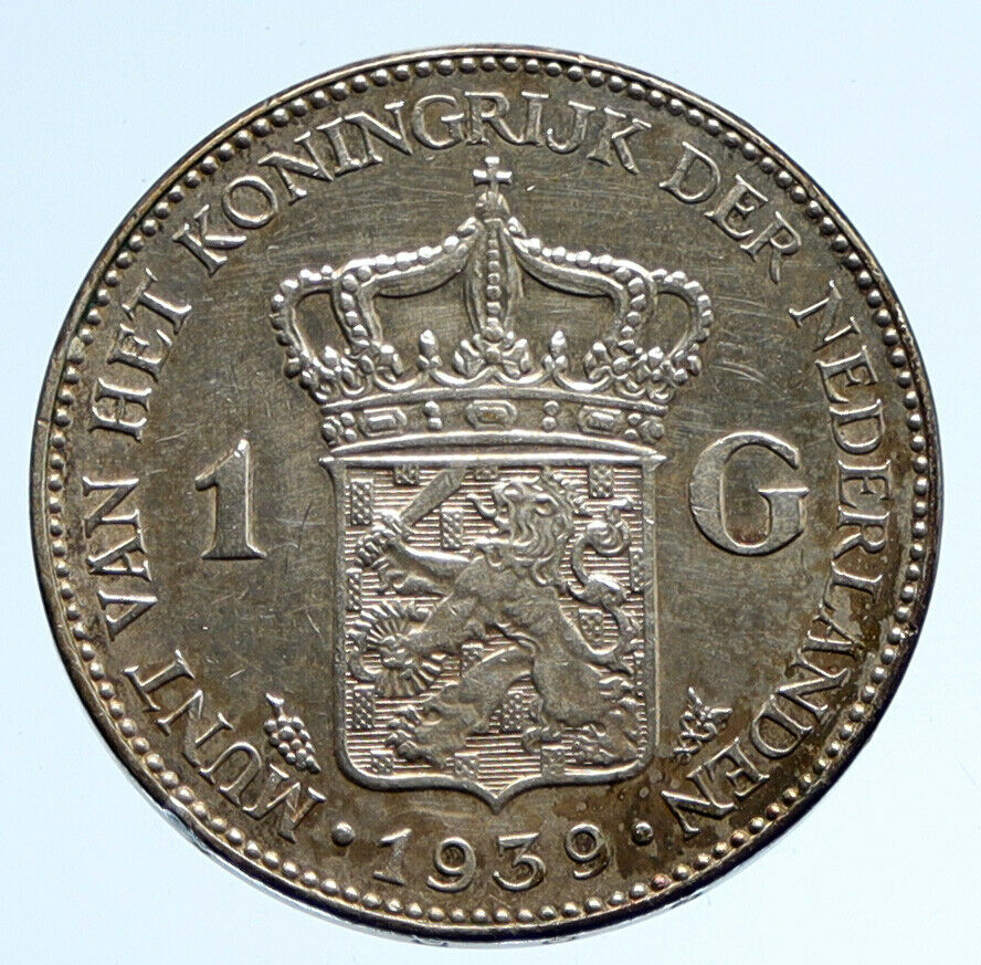 1939 Netherlands Kingdom w Queen WILHELMINA VINTAGE Silver 1 Gulden Coin i95913