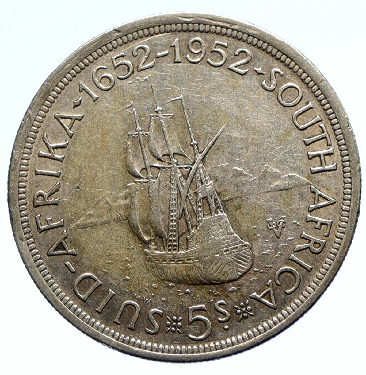 1952 SOUTH AFRICA 300th Cape Town Riebeeck w SHIP Silver 5 Shillings Coin i95677