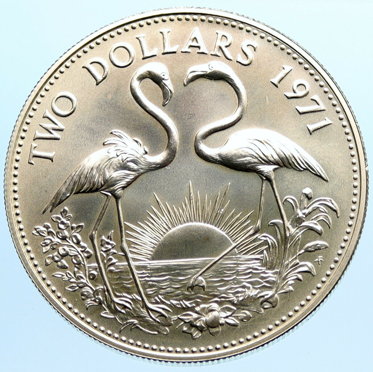 1971 The BAHAMAS Elizabeth II FLAMINGO Birds Old BUSILVER 2 Dollars Coin i96813