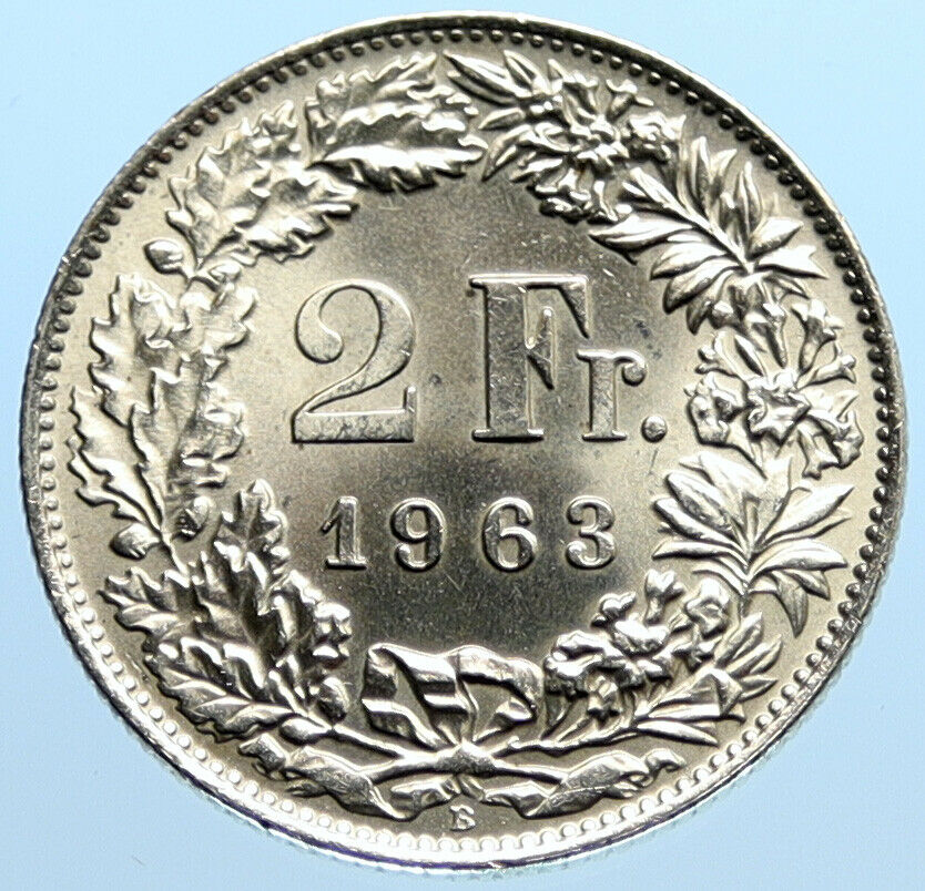 1963B SWITZERLAND - SILVER 2 Francs Coin HELVETIA Symbolizes SWISS Nation i96815