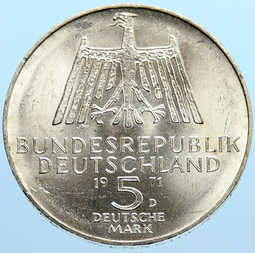 1971 D GERMANY Vintage ALBRECHT DURER Artist Silver German 5 Mark Coin i96812