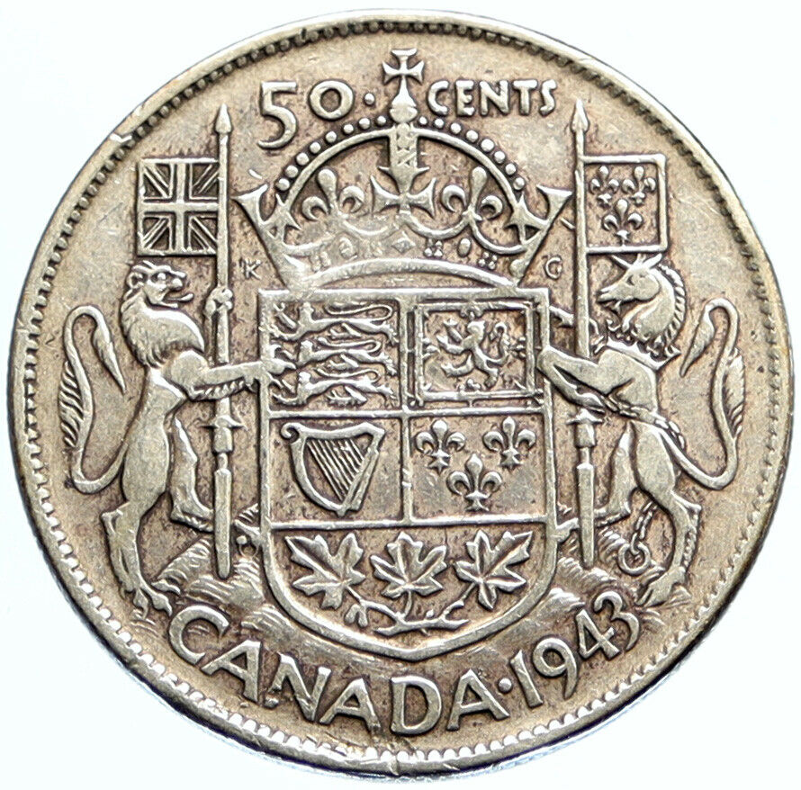 1943 CANADA UK King GEORGE VI Lions Crown Large Old SILVER 50 Cents Coin i96821