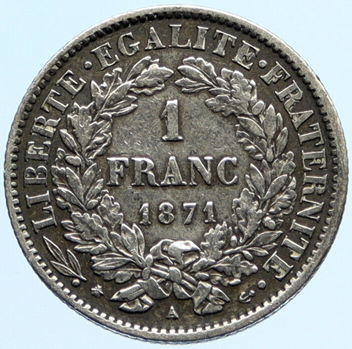 1871 A FRANCE with LIBERTY and MOTTO Genuine French Silver 1 Franc Coin i96914