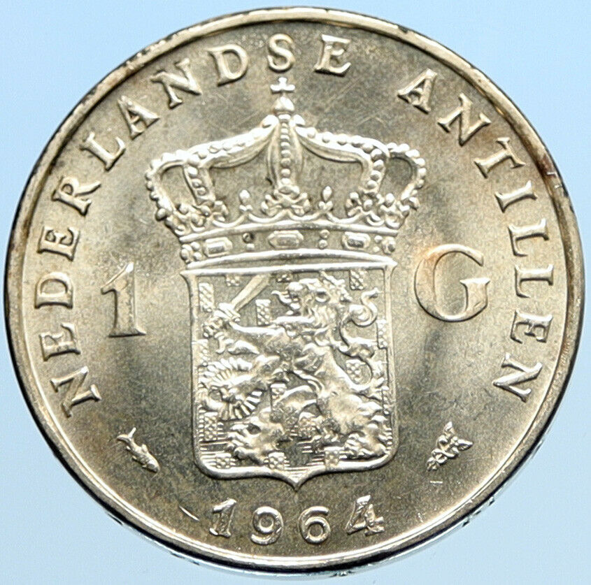 1964 NETHERLANDS ANTILLES Queen JULIANA Vintage SILVER OLD Gulden Coin i96913