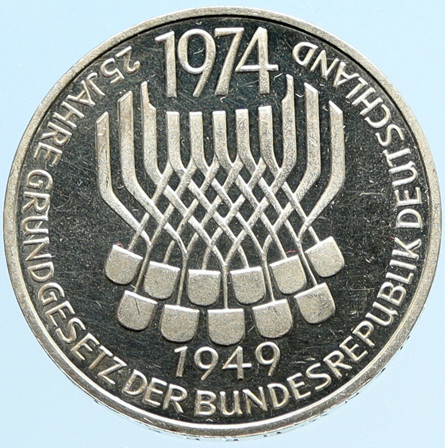 1974 F GERMANY 25 Years Federal Constitution Law OLD Proof Silver 5 Mark i96912