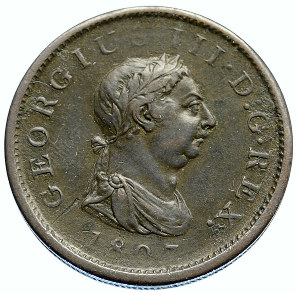 1807 UK Great Britain United Kingdom KING GEORGE III Genuine Penny Coin i96817