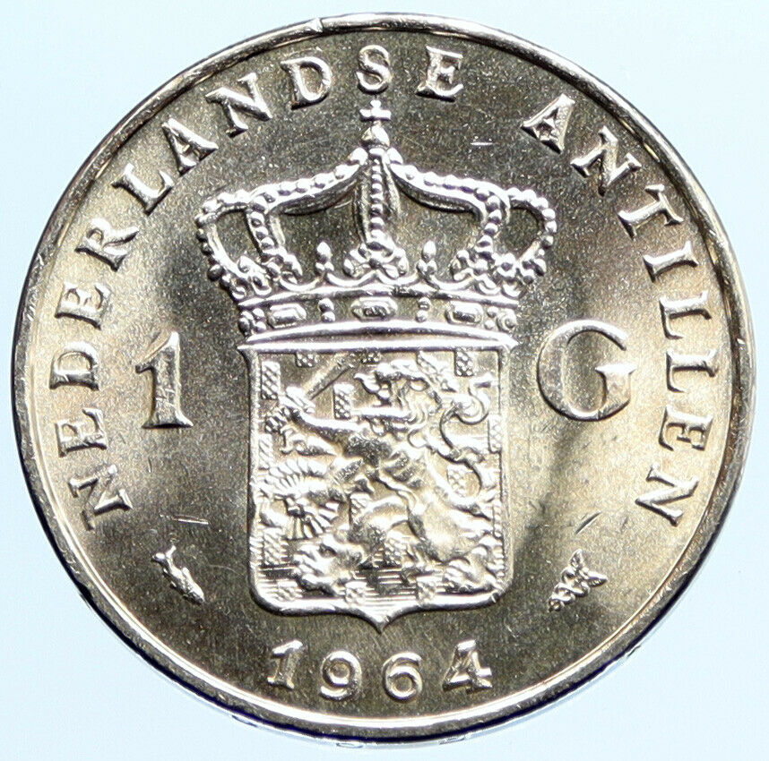 1964 NETHERLANDS ANTILLES Queen JULIANA Vintage SILVER OLD Gulden Coin i96824