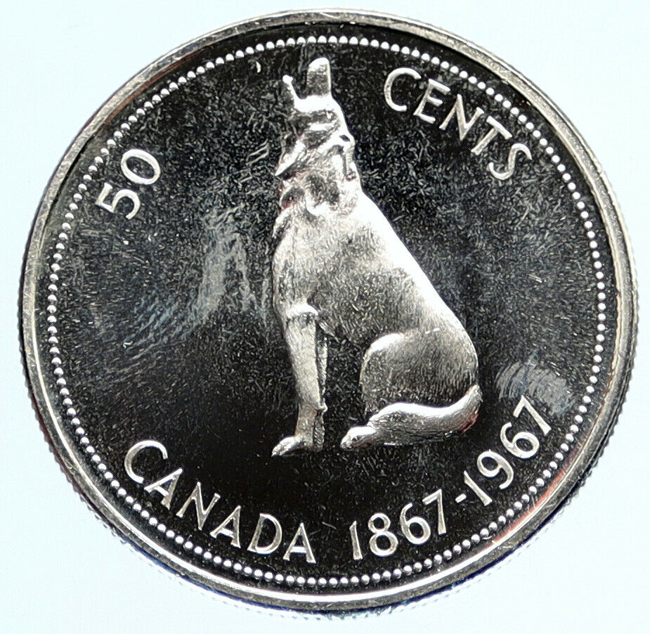 1967 CANADA UK Queen ELIZABETH II Wolf Howls Vintage Silver 50 Cents Coin i96919