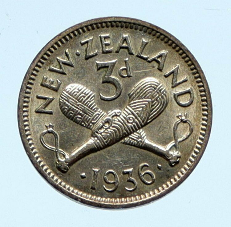 1936 NEW ZEALAND UK King George V CROSSED PATU Silver 3 Threepence Coin i96494